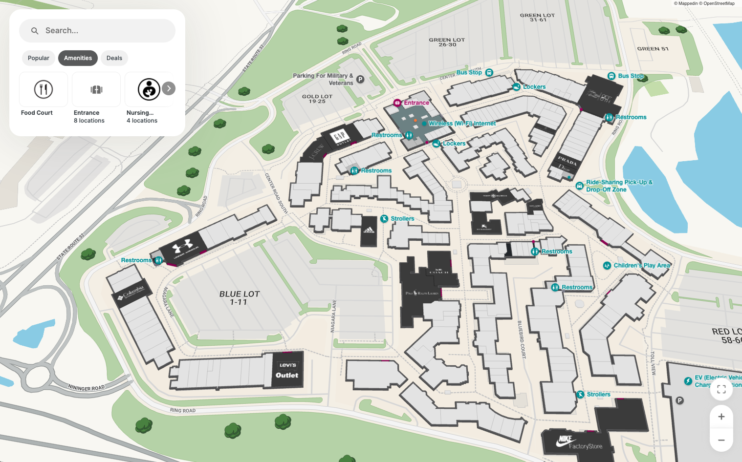 Amenities tab — amenities highlighted on map