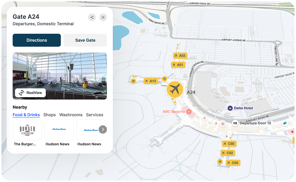 RealView 360° panoramic imagery paired with an indoor map
